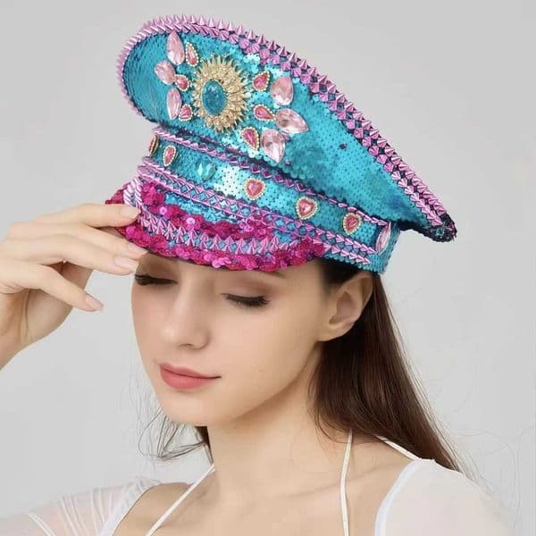 HongLuan Blue Captain Hats Rhinestone for Burning Man Festival Woman Halloween Costume Hat Adult Cosplay Female Accessories X251212