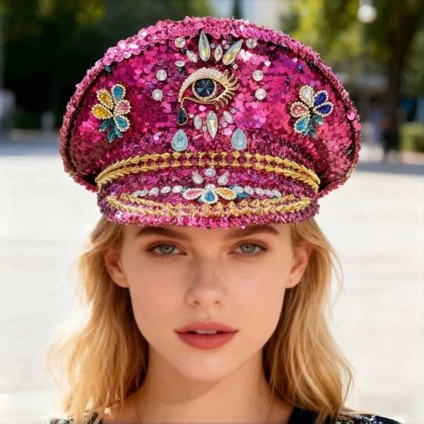 HongLuan Pink Sweet Steampunk Captain Hat Rhinestone for Burning Man Festival Woman Vintage Military Accessories Cap Man X251212