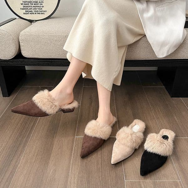 shipping pointed half slippers for women in autumn winter with a toe cover low thick heel cotton slippers worn on the outside S260519
