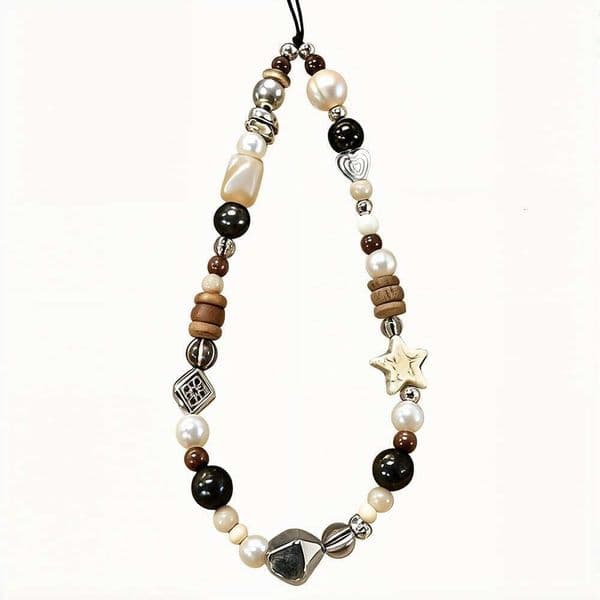 Vintage Brown Star Heart Pearl Phone Chain Short Camera Charm Strap Cute Beaded Wristlet Keychain Charms Aesthetic Cellphone Wrist Lanyard for Women