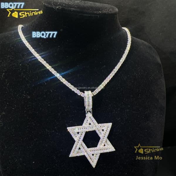 Hot Selling Iced Out Rapper Pendant 925 Silver Vvs Baguette Moissanite Diamond Hip Hop Star Pendant Necklace Set