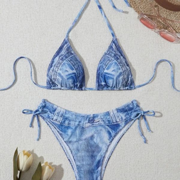 Sexy High Waist Triangle Pant Bikini Set Womens Two-Piece Swimsuit Denim Print Separate Swimwear Cross-Border Clothing 251211