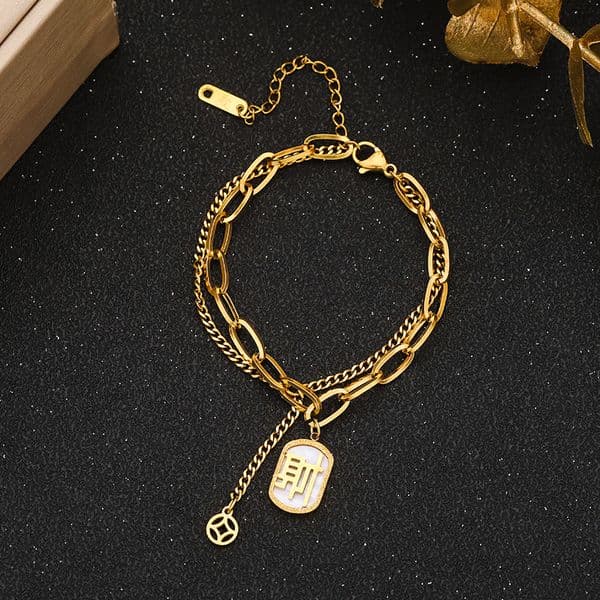 Fashion Chic Elegant Retro Non-Fading French Style Lucky Character Small Fragrance Style Inlaid Diamond Double-Layer Bracelet For Women Valentine's Day Gifts