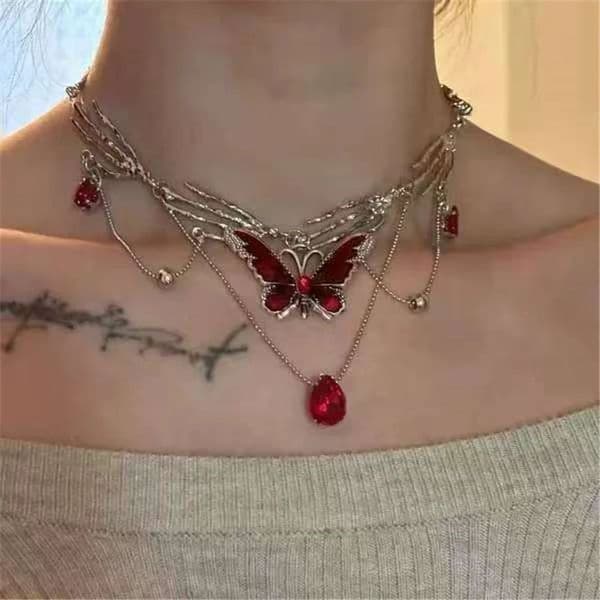 Gothic Red Butterfly Crystal Pendant Sliver Ghost Claw Short Choker Chain Necklace For Women Punk Y2K Charms Jewelry Accessories 251210