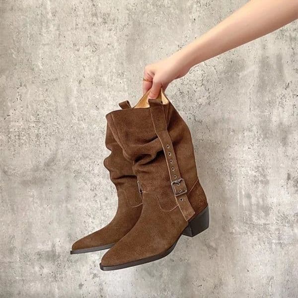 Womens natural suede leather double metal buckle slip-on autumn mid-calf boots pointed toe 5cm thick med heel western boots 251212