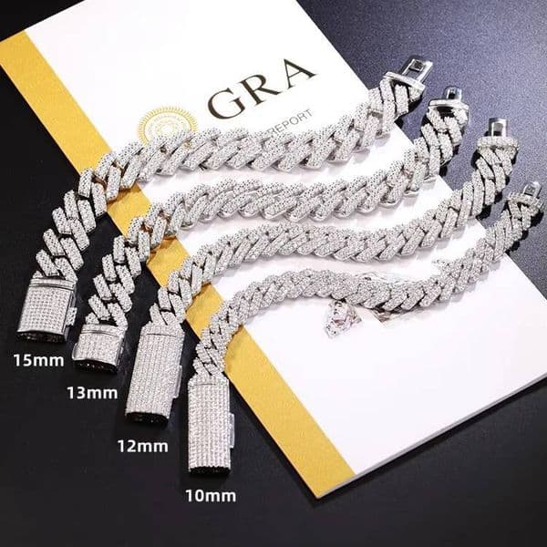 Hiphop 8mm-15mm Wide 2rows VVS Moissanite Diamond Chain S925 Sterling Silver Cuban Link Chain Cuban Bracelet