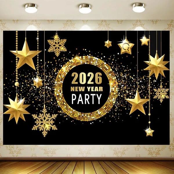 2026 Happy Year Theme Party Background Decoration Black Gold Balloon Family Party Banner Decoration 251213