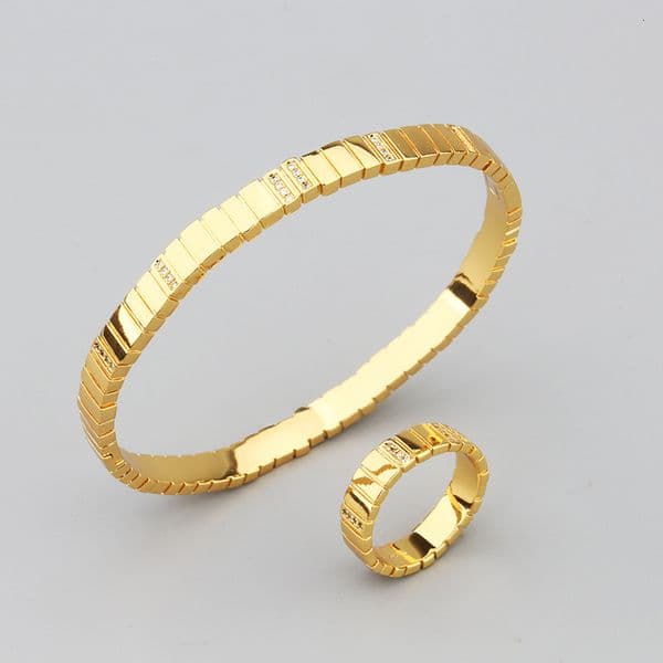 Copper Synthetic Zircon Bracelet Ring CNC Precision Accordion Step Strap Interlaced Champagne Gold Bracelet