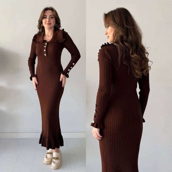 High Waist Ruffled Maxi Dresses For Women Autumn Winter Knitted Slim Long Dress Women's Vintage Dress Woman Retro Elegant