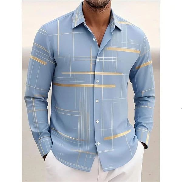 2026 geometric grid long sleeved shirt men short button down no pockets 251211