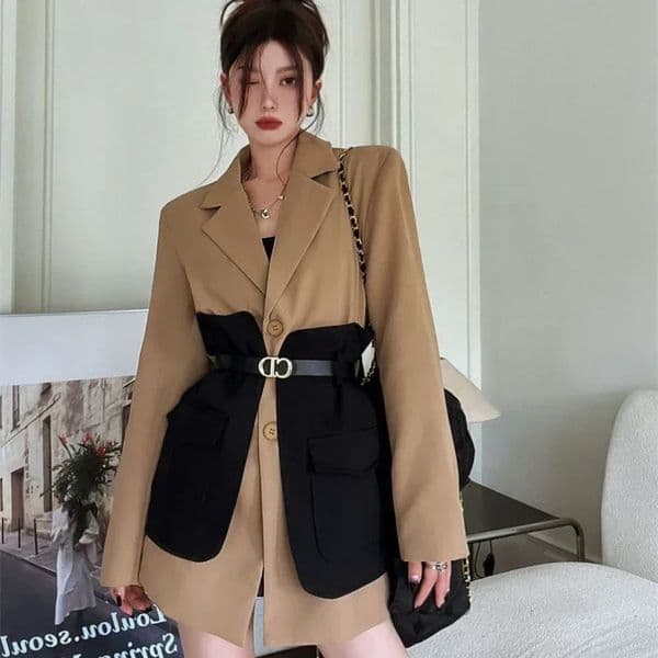 Blazer Women Fashion Loose Spliced Pocket Korean Single Breasted Mujer Female with Belt 251212