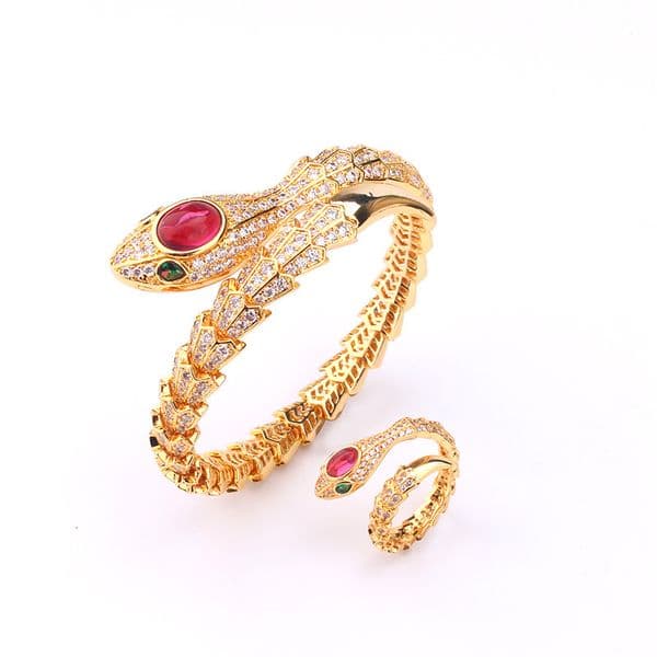 Style Snake Bone Spring Bracelet Beautiful Fashion Red Blue Gemstone Snake Shape Bracelet Ring Set