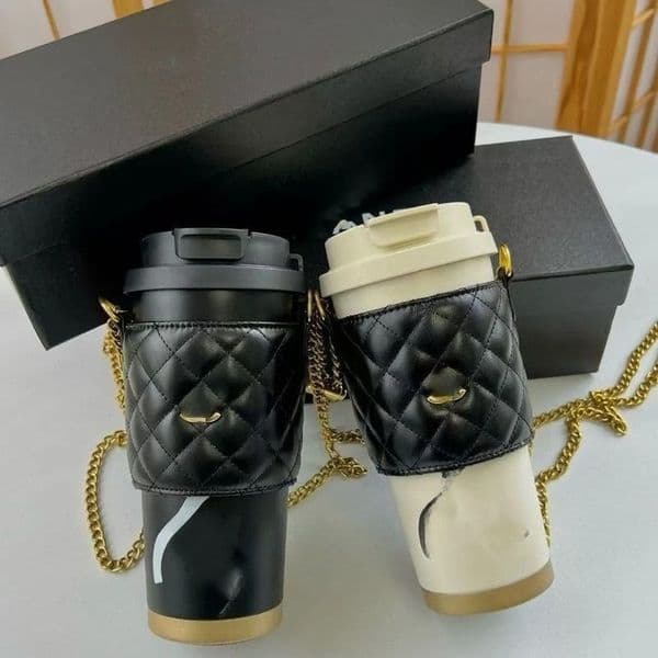 Full Diamond Vacuum Insulated Water Bottle Classic Logo Printed Portable Tumbler With Straw And Bag Reusable Cold Coffee Mug For Car School Travel Gift