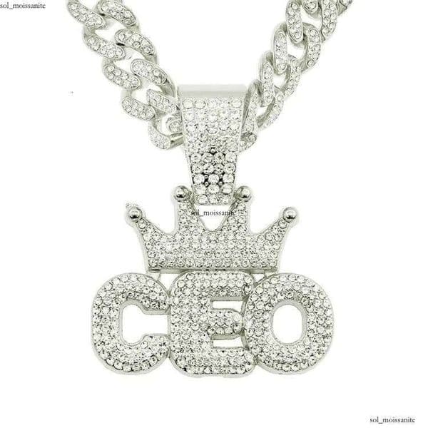 Ice out VVS Moissanite Hip-Hop 13mm Iced-Out Cuban IGI Chain, Alloy and Shiny Rhinestone Crown CEO Letter Pendant Necklace