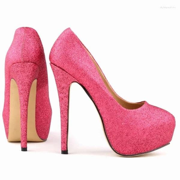 Dress Shoes Women Sexy Pumps Stilettos Round Toes Platform High Heels Glitter Gold Nightclub 14cm Ladies Wedding Party Large Size 44