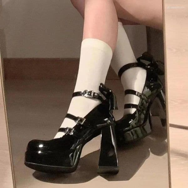 Dress Shoes 2025 Spring Punk Thick Heel Mary Jane Lolita Woman Patent Leather Y2k Chunky Platform High Heels Pumps