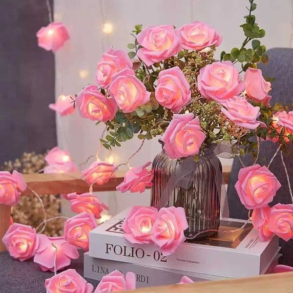 LED Pink Rose Flower String Lights Battery Operated for Wedding Home Party Birthday Festival Indoor Outdoor Valentines Day Decor X251215