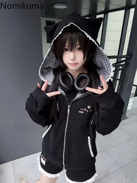 Cat Ears Hooded Sweatshirts Jackets Womens Clothing Long Sleeve Zipper Cartoon Jacket Casual Fashion Korean Y2k Hoodies Coats 251211