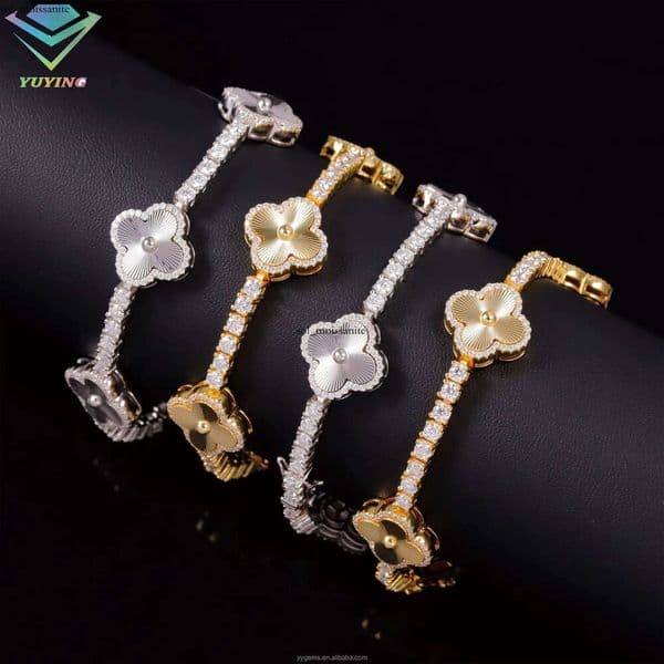 Wholesale Price Clover S925 Silver Plated Gold Pass Diamond IGI Tester VVS Moissanite Cuban Bracelet with GRA Certificate