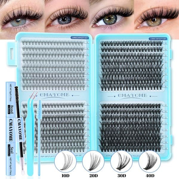 640Pcs DIY Cluster Lashes Kit Slender & Dense Individual Eyelashes Soft Lightweight Hand Made Reusable D Curled DIY Segmented Eyelash Extensions Accessory