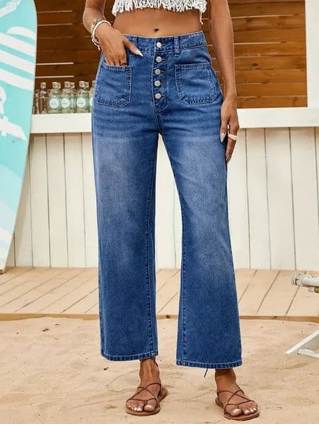 Womens Straight Leg Denim Jeans with MultiButton Closure Dark Wash Blue Pants for Comfort and Style 251215
