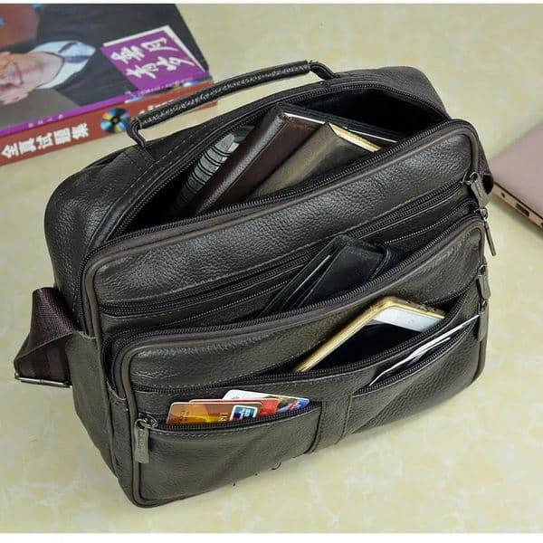 Coffee Men Genuine Leather Shoulder Bag Male Cowhide Handbags Mens Large Zipper Messenger Travel Tablet Tote 251201