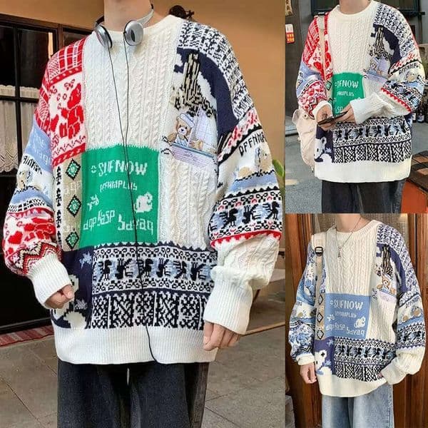 Long Sleeve Knitted Sweater Hot Sale Of The Season Autumn Fashion Street Style Women's Mid-Length Crew Neck Geometric Pattern