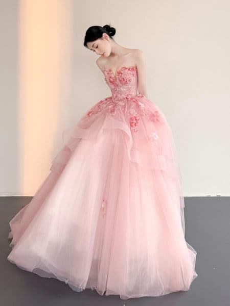 L&P DQL Studio Gorgeous Pink Prom Dress Ball Gown Evening Dress Sweetheart Zipper Back Tulle with Handmade Flowers Beads Party Dress