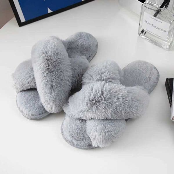 Feslishoet Women Fuzzy Slippers Cross Band Soft Plush Cozy House Shoes Furry Open Toe Indoor Outdoor Slip Warm Anti Skid Sole Z251216