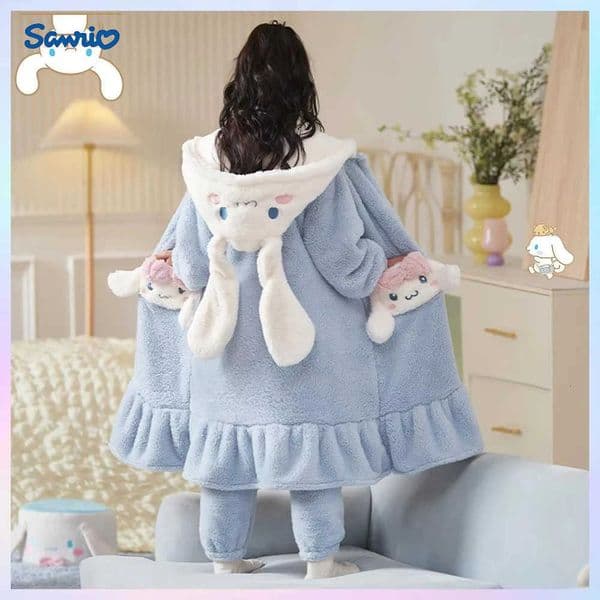 Sanrio 2Pcs Cartoon Cinnamoroll Kuromi Kawaii Kid Plush Pajamas Robe Pants Anime Winter Long-Style Warm Thicken Hooded Home Wear H251216