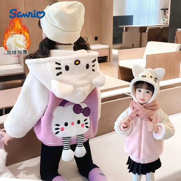 Sanrio Girl Coat Hello Kitty Kawaii Anime Fashion Winter Student Casual Thickening Long Sleeves Hooded Jacket Children Clothing H251216