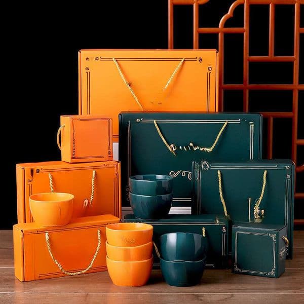 Ceramic Color Square And Chopsticks Gold Rim Set Green Glaze Wedding Return Promotional Gift Bowl B2