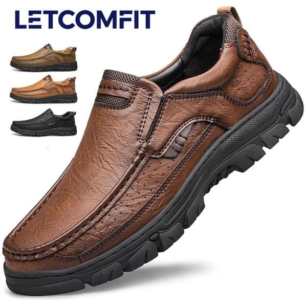 LETCOMFIT Mens Slip-On Casual Leather Shoes Wear-Resistant Anti-Skid Round Toe Loafers Thick Bottom Dress Footwear All Season 251215
