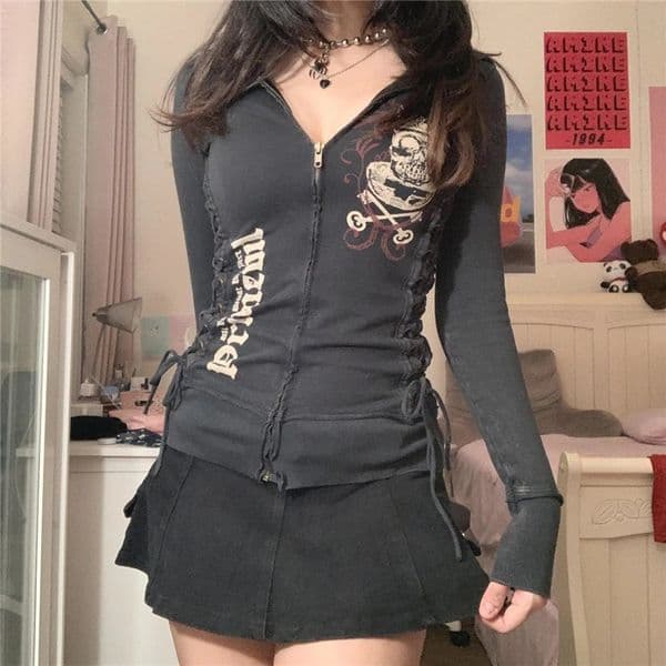 Lamuusaa y2k Grunge Sweatshirt 2000s Women Punk Gothic Clothes Zip Up Long Sleeve Tops E Girl Hoodie Dark Academia Clothing 251216