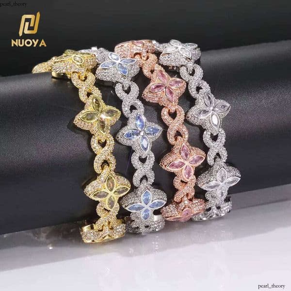 NUOYA Hip Hop Jewelry 8mm Colored Iced Out VVS Moissanite Flower Infinite IGI Symbol Chain Four Leaf Clover Necklace for Men Women