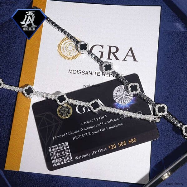 Unique 3mm Two-tone VVS Moissanite Clover Tennis Bracelet with Sparkling Diamond Cut 925 Silver Chain, IGI Perfect for Daily Wear