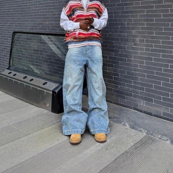 Men's Jeans Vintage Washed Baggy Streetwear Pearl Embellished Loose Denim Pants Men Clothing