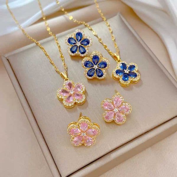 Stainless Steel Cherry Flower Pendant Necklace Earrings Ear Sets Wedding Bridal Cubic Zirconia Crystal Jewelry Sets Wholesale M251216