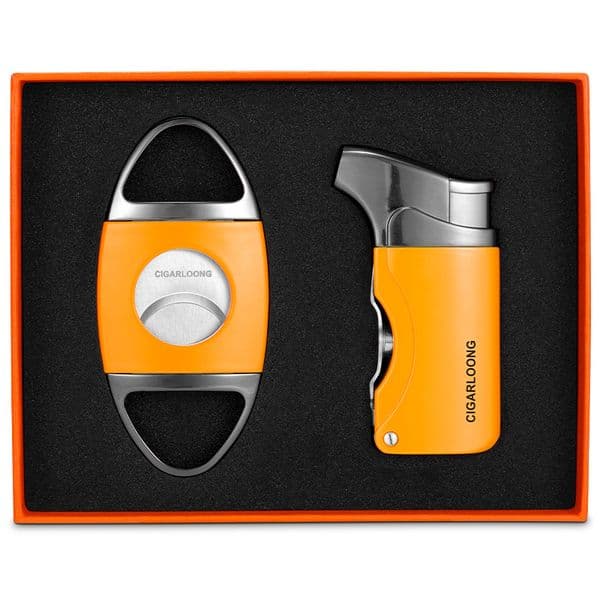 CIGARLOONG Set, 2-In-1 Windproof Torch Lighter Built-In Punch With Sharp Blade Cutter Portable Cigar Accessories Set Comes In Gift Box