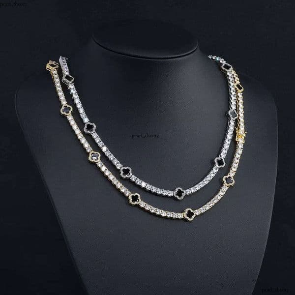 Real Gold Plated Ice VVS Moissanite Lucky Black Enamel IGI Four-Leaf Clover Tennis Chain Necklace Religious Christian Women Men Jewelry