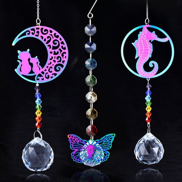 colorful metal cat seahorse crystal wind chime sun catcher for home garden indoor childrens and girls room hanging decoration