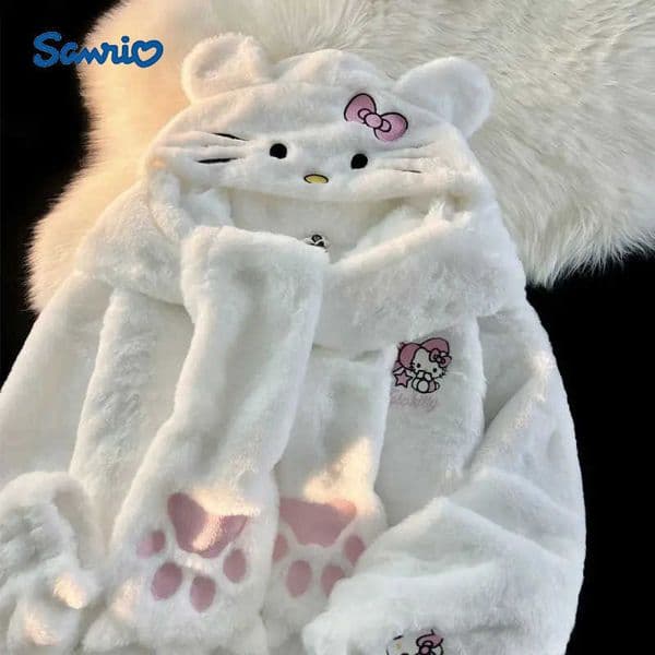 Sanrio Cute Hello Kitty Faux Lamb Fleece Plush Hooded Coat Womens Autumn and Winter New Loose Student Thick Zipper Jackets for Women H251216