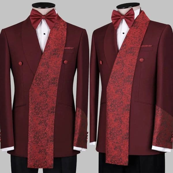 Dark Red Mens Wedding Tuxedos Formal Floral Pattern Shawl Lapel Groom Wear Business Customized Birthday Party 2 Pieces