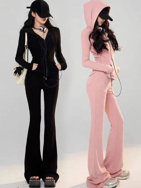 Two Pieces Set Casual Slim Letter Embroidery Zipper Women Hoodies Fashion Y2k Aesthetic Solid High Waist All Match Pants Femme 251211