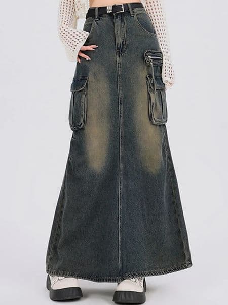 Women Y2k High Waist Denim Ankle Length Cargo Skirts Girls Robe Cool Casual Wrap Dress Female Gray A Line Long Jeans 251216