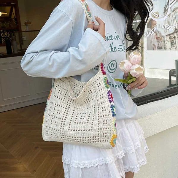 Large Capacity Fashion Boho Tote Bag Trendy Floral Crochet Handmade Knitted Bag Vintage Multicolor Hollow Out Handbag M251216
