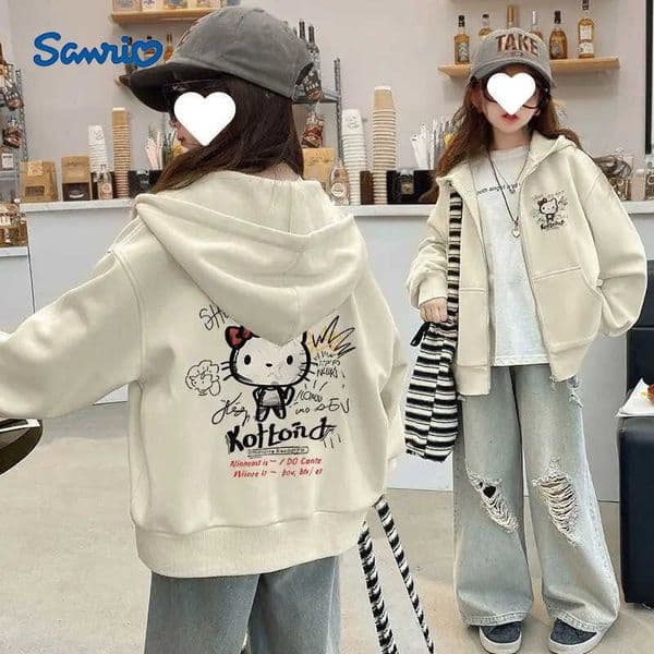 Sanrio Hot Girl Sweatsuit Hello Kitty Kawaii Anime Student Spring and Autumn Hooded Zipper Tops Childrens Clothing New Style H251216