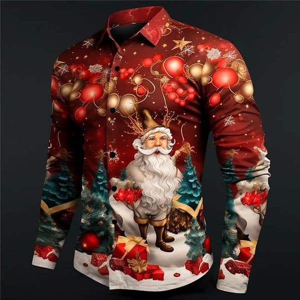 Fashion Christmas Themed 3D Printed Mens Casual Long Sleeve Shirt Street Wear Party Size Shirt Santa Claus 251212BJ