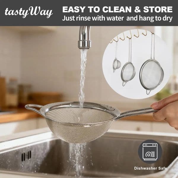 3-piece stainless steel fine mesh strainer multifunctional flour sieve with handle dumpling spoon and pot colander 251213