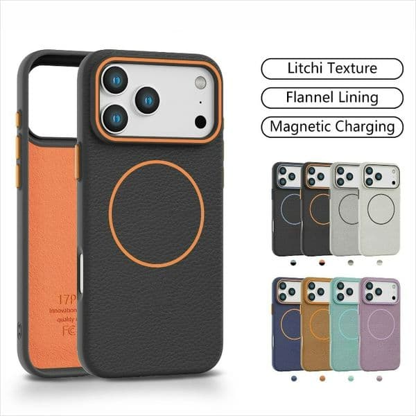 For Iphone 16/17 Pro Max Lychee Pattern Anti-Fingerprint Magnetic Wireless Charger Compatible with Silicone Phone Case